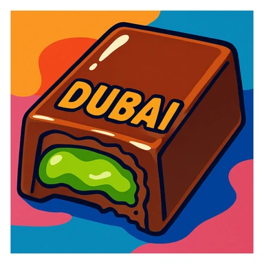 stylized illustration of the viral Dubai chocolate, bitten to show a bright green pistachio filling, with glossy highlights sticker