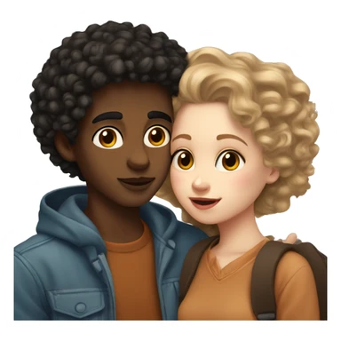 White skinned girl with curly brown hair kissing boy with light skin and black hair sticker
