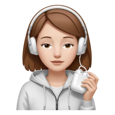 A clean, minimal emoji-style illustration of a white girl with brown hair worn loose. Her eyes are closed while listening to music with silver AirPods Max. She’s wearing a white zip-up hoodie. Smooth 3D emoji style, soft lighting, neutral tones. sticker
