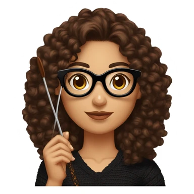 Hispanic woman with long chocolate brown curly hair,cateye black glasses, brown eyes, holding a crochet hook in one hand and yarn in the other hand, wearing a black lace shirt sticker