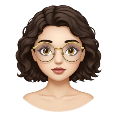 Pretty girl with dark wavy hair, light skin, natural make up, gold rose round glasses, dark slightly arched eyebrows, long lashes sticker