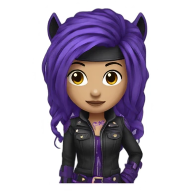 a PURPLE horse girl with a dark purple black punk outfit with and glizzy bands and dark purple hair sticker
