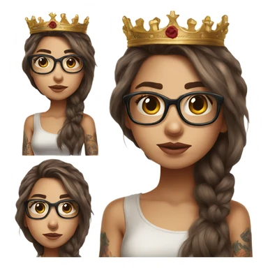 Hyperrealistic beautiful  girl, wearing a crown and glasses, arm tattoos, and long brown hair  sticker