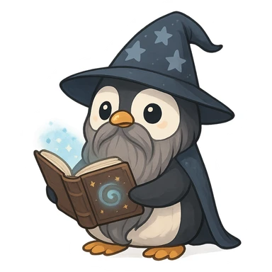 cute penguin wizard with a long beard holding a magic book sticker