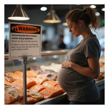 realistic pregnant woman in 4K observing informational sign at fish market: 'Warning, consuming raw salmon can pose risks during pregnancy' sticker