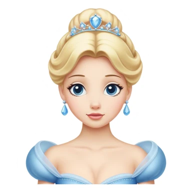 Cinematic Elegant Cinderella Portrait Emoji, rendered in a realistic, vector-style with minimal shading and bold, simplified shapes. Depict Cinderella in her classic ball gown (chest and above) with fair, porcelain skin and elegantly styled blonde hair, her eyes soft and kind, and her expression serene and graceful. The design glows with a gentle, enchanting radiance and high shine, capturing the timeless beauty of a fairy tale princess. sticker