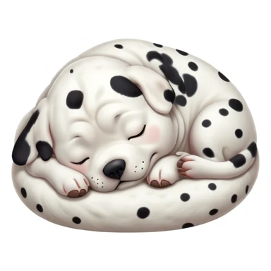 Cinematic Chubby Sleeping Dalmatian Portrait Emoji, Chubby and serene, with a round, plump build and a glossy white coat adorned with distinctive black spots, eyes gently closed in peaceful slumber, Simplified yet irresistibly endearing features, highly detailed, glowing with a gentle, dreamy glow, high shine, relaxed and content, stylized with a touch of whimsy, bright and heartwarming, soft glowing outline, capturing the essence of a blissfully sleepy companion, so comically serene it feels like it could roll out of the screen and snore with adorable charm! sticker