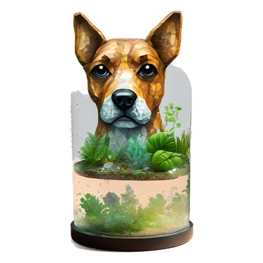A dog made of glass mirror crystals prisms glass transparent filled with plants as a terrarium with graffiti doodles sticker