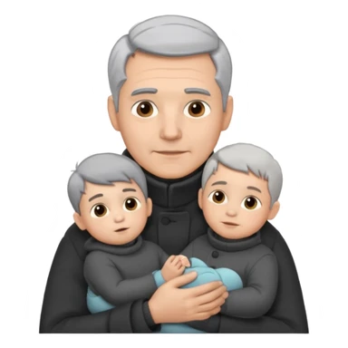 A father with silver-grey hair styled neatly and a clean-shaven face, wearing a dark turtleneck and wool coat, holding his baby sticker