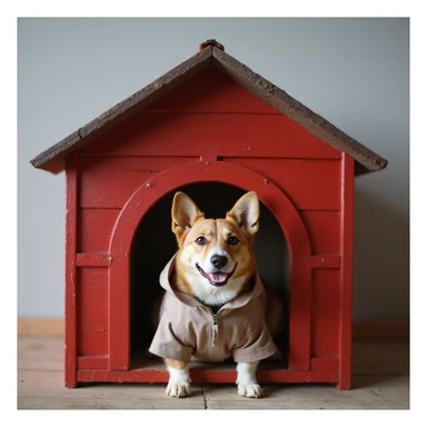 realistic red dog house with a Corgi dog inside, Corgi with a raincoat, photorealistic style sticker