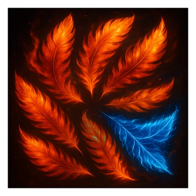 Rearrange the six fiery phoenix feathers in a circular pattern with the tips pointing outward. Make the feathers vibrant and magical. Keep the backgrounds harmonious and consistent with the original images. sticker