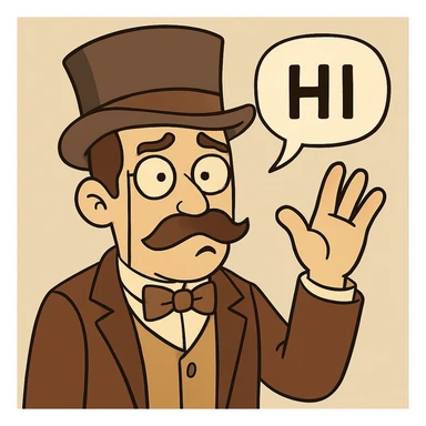 Make the character wave, add a speech bubble saying 'HI', and adjust his expression and body language to look like he is questioning something with a raised eyebrow, tilted head, and open hand. Keep the original style and background as in the reference image. sticker