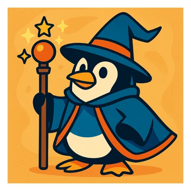 a penguin dressed as a wizard, with a pointy hat and a magic staff, in a fun and whimsical style sticker