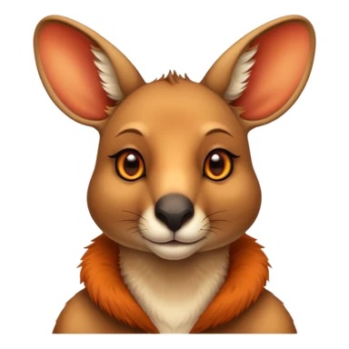 Cinematic Noble Kangaroo Portrait Emoji, Poised and regal, with a powerful, muscular build and a sleek, well-groomed fur of warm red-orange hues, deep-set soulful amber eyes and a strong tail, Simplified yet sharp and sophisticated features, highly detailed, glowing with a warm, dignified glow, high shine, intelligent and athletic, stylized with an air of outback majesty, focused and attentive, soft glowing outline, capturing the essence of a watchful and confident marsupial, so majestic it feels as though it could bound out of the screen with effortless authority! sticker