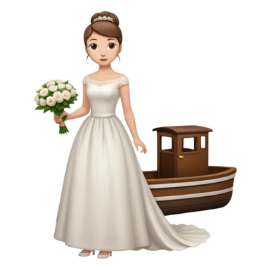 Chica blanca,cuerpo entero, vestido boda cuello barco y , pelo castaño,   1 ramo de flores , pelo recogido en moño alto con cola por la parte de atrás del vestido sticker