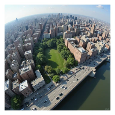 360-degree panoramic view of the Bronx from above, showing cityscape, buildings, parks, and bridges, realistic and detailed style sticker