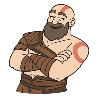 Kratos from God of War, looking relaxed and chill, leaning back with arms crossed, cartoon style sticker