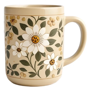 Cinematic Realistic Khaki Coffee Mug with Flower Pattern sticker