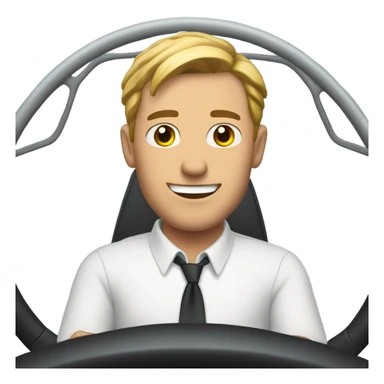  man with white button-down shirt behind a steering wheel sticker