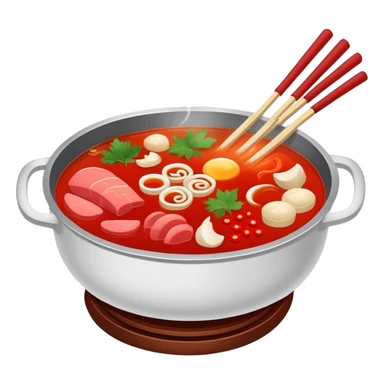 Chongqing hotpot with red spicy broth and ingredients, simplified emoji style with bold outlines and bright colors, cartoon style Chinese hot pot sticker