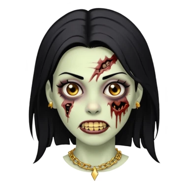 Faça uma zombie mulher com grillz com olhos castanhos cabelos liso preto partido ao meio e estilo baddie sticker