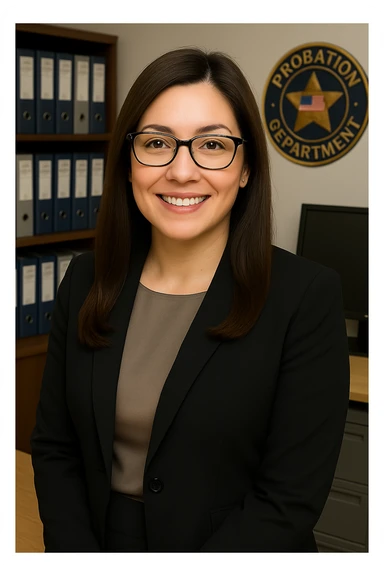 Edit the image to make the female probation department administrative services manager smile. Keep her long brown hair, brown eyes, and dark framed glasses. She should be in professional attire and the setting should remain an office. Focus on an upper body portrait style, maintaining a professional and approachable look. sticker