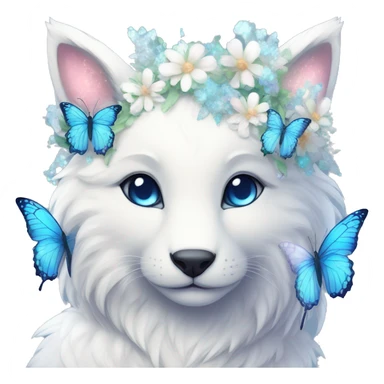 Anthro Cute Cool Kawaii gorgeous sparkly ethereal white fantasy animal creature with blue eyes furry sona with flowers and butterflies beautiful aesthetic sticker