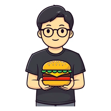 asian guy with glasses, middle part hair, square jaw, wearing a black t-shirt and shorts, holding multiple big macs sticker