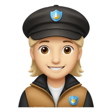 Créame a un chico blanco con gorra negra con el pelo castaño y qué tenga una chaqueta blanca más animado sticker