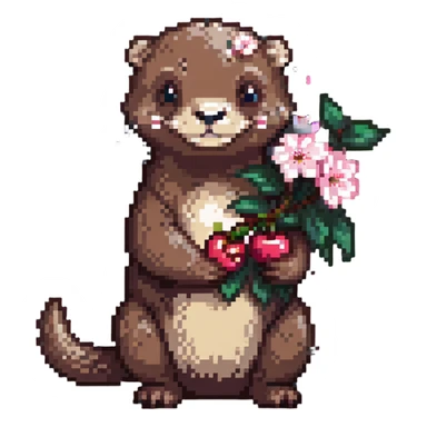 cute otter holding a cherry blossom flower sticker