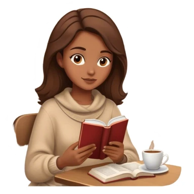 Brown haired woman in a cozy beige outfit reading a book in a cozy, quiet café sticker