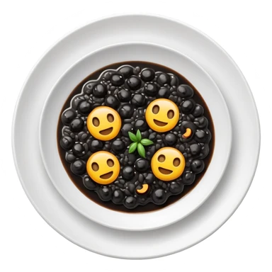 cinematic-realistic-black-risotto-dish-emoji,-showcasing-small ring pieces in black sauce -rendered-with-bold-textures-and-dynamic,-dramatic-lighting in a white plate sticker