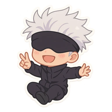 Gojo Satoru from Jujutsu Kaisen, chibi style, white hair, blindfold, playful pose sticker