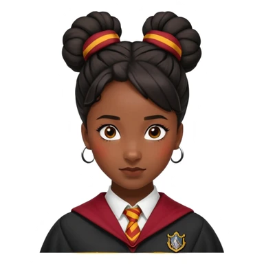 alicia spinnet in harry potter, wear hogwarts gryfindor uniform, black knot bun hair, black skin sticker
