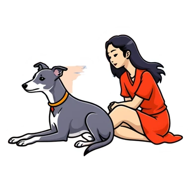 A very beautiful and attractive 25-year-old Chinese woman with long flowing black hair and a SOLID DARK GREY whippet sitting together on a beach during a beautiful sunset. The whippet MUST be COMPLETELY SOLID DARK GREY with ABSOLUTELY NO WHITE MARKINGS ANYWHERE - no white chest, no white face, no white paws, no white tip on tail - ENTIRELY ONE SOLID DARK GREY COLOR throughout the entire dog. Orange and red sunset sky over the ocean, sandy beach in the foreground. sticker