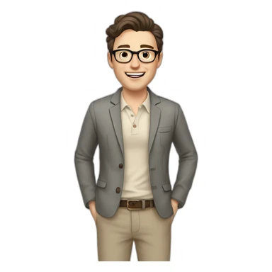 Joyful Full height Pale skinned Fit Man With dark brown hair in gray jacket, beige office shirt, Brown pants and vintage glasses. His thrumbs up sticker