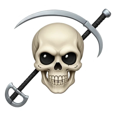 A laughing skull with a scythe crossed behind it, one eye socket winking. Clean, stylized lines, flat vector. Medieval woodcut style. Black and white with one accent color (tarnished silver). No background. sticker