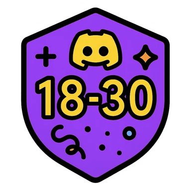 Discord role icon for ages 18-30, modern and inclusive, with playful elements like confetti or sparkles, numbers '18-30' subtly included, suitable for a community badge sticker
