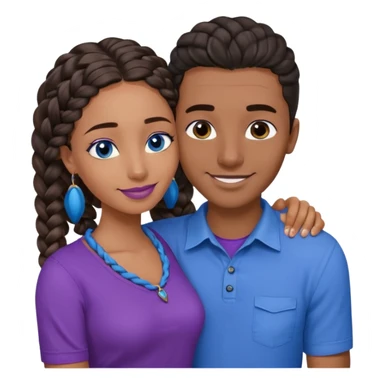 Boyfriend who is middle Eastern olive skinned with blue eyes and wavy straight brown hair in a blue shirt and his African girlfriend who is very black skinned, juicy lipped with black braided hair and the two are hugging and smiling hugely she’s wearing purple and she has black eyes sticker