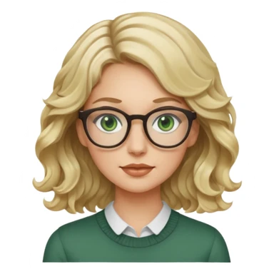 blonde woman, age 25-30, green eyes, wavy hair, wearing glasses, modern product designer sticker