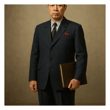 Official portrait of a North Korean man, head of the hull production workshop at a shipyard, serious and formal style, dark suit, neutral background, confident and focused expression, style inspired by Soviet and North Korean official portraits, full body, not cropped sticker
