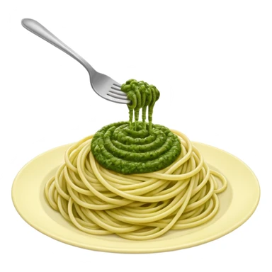 spaghetti twirled on a fork with green pesto, close-up sticker