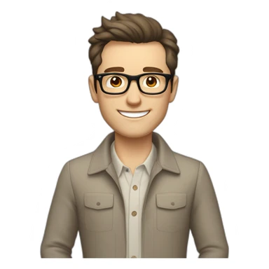 Joyful Pale skinned Fit Man With dark brown hair in gray jacket, beige office shirt, Brown pants and vintage glasses. His thrumbs up sticker