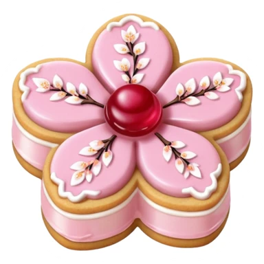 Realistic shortbread cookie in the shape of a cherry blossom with pale pink color jelly middle filling and sprinkled powder sugar on top. sticker