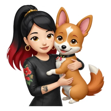apple-style emoji of an Asian girl with long hair in a ponytail, deep side bangs, black leather dress, gold hoop earrings, dramatic false lashes, and a floral 3/4 sleeve tattoo on her left arm, hugging a smiling red head tri-color corgi, simplified, emoji-like sticker