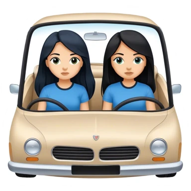 Two girls both with black long hair one with a blue shit one with a black shirt in a white car driving to a destination sticker