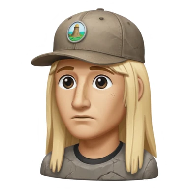 Easter island head rock with long blonde hair and a backwards baseball cap sticker