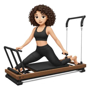 brunette,curly hair shoulder lenght,turkish,beautiful,with some eyelined eyes, 3b girl doing reformer pilates with black pilates cutesy set,on reformer machine,making different moves. sticker