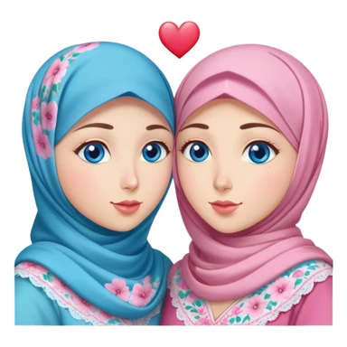 Two friendly Turkish girls beautiful finish Konya blue eyes with pink floral hijab and heart dress and Scattering kisses outside  sticker