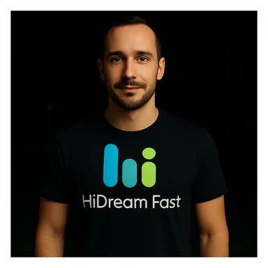 man wearing tshirt with this logo, dark night background with dim , add fast below logo, make man fit into image, add fast insead pf the dev keep rest same sticker